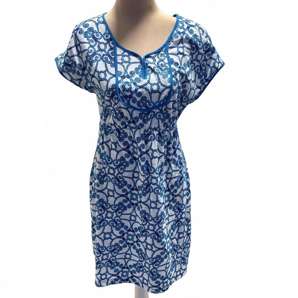 Tommy Bahama Sophie Boho Aqua Swirl Print Cotton Knit Dress Coastal